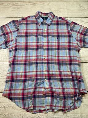 Ralph Lauren Linen Plaid Button-Down Short Sleeve Shirt XL